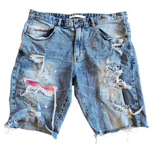 Kloud9 Womens 36 Distressed Denim Shorts Light Wash Paint Splatter Rainbow Patch